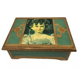Vintage Wooden Jewelry Box With Victorian Girl Portrait Green & Gold Accents Vel